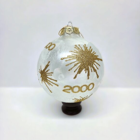 Large 2000 Fireworks Ball Christmas Ornament Gold Glitter Frosted Glass 4" - Picture 1 of 7